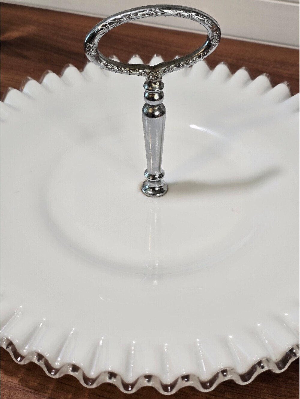 Vintage Fenton Silver Crest Milk Glass Handled Tidbit Platter Ruffled Tray - Picture 4 of 6